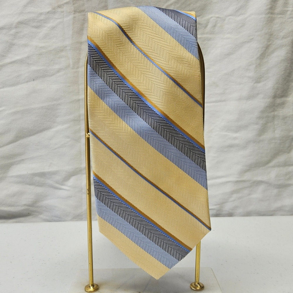 Corporate Image Tom James Necktie Mens Yellow Blue Striped Silk Herringbone